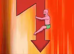 Bald man sliding down a red arrow