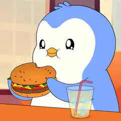Blue penguin eating a burger