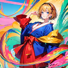 Anime girl in kimono with colorful swirls