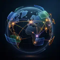 Glowing globe with connected screens