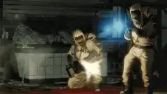 Soldiers firing weapons in a warehouse