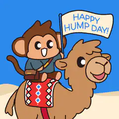 Monkey riding a camel with Happy Hump Day flag