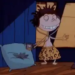 Cavegirl dancing with a mug