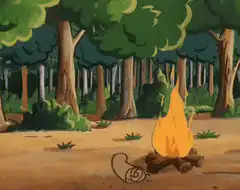 Popeye smokes a pipe over a campfire
