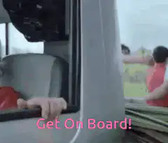 Man in car gesturing get on board