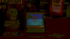 TV screen glitching with a pink symbol