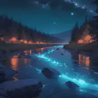 glowing river at night with shooting stars