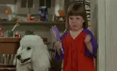 Little girl scolding poodle with hairbrush