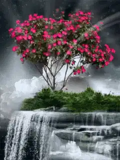 Pink flowering tree on floating island with waterfall