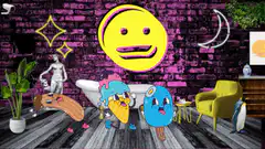 Emoji and cartoon characters in a room