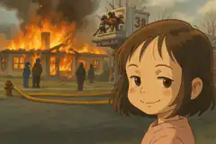 girl smiling at burning house
