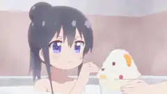 anime girl eating shaved ice in bath