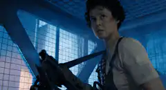 Ellen Ripley with gun in blue room