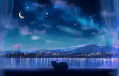 Cat watching starry night sky