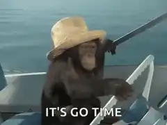 Chimpanzee in straw hat driving boat