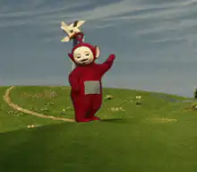 Po from Teletubbies spins and runs away