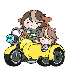 Chibi characters riding a yellow motorcycle
