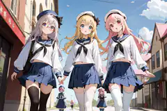 Three anime girls in sailor uniforms walking