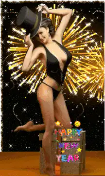 Woman in black swimsuit with top hat and fireworks