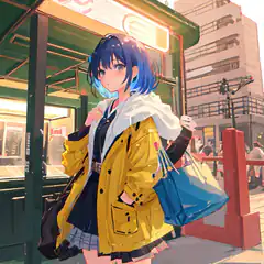 anime girl in yellow raincoat at bus stop