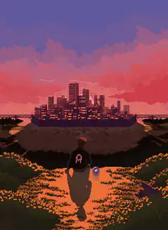 Person walking towards city at sunset