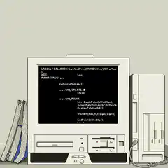 Old computer with code on screen
