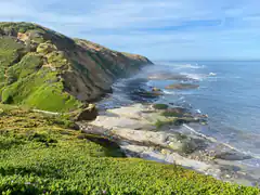 Green cliffs overlooking rocky ocean coastline