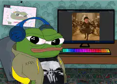 Pepe watching dancing baby on monitor