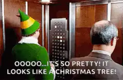 Elf admiring elevator buttons