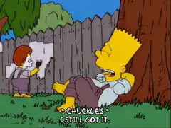 Bart Simpson chuckles while painting the fence