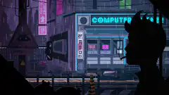 Cyberpunk street scene with smoking silhouette