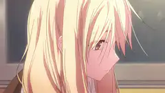 Blushing anime girl closes eyes