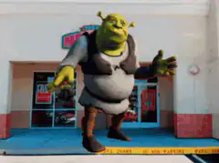 Shrek dancing in front of Papa John's