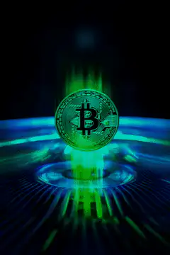 Bitcoin coin with changing neon lights