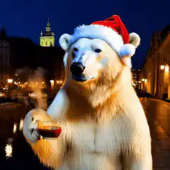 Polar bear in santa hat drinking coffee