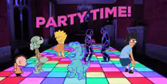 Cartoon characters party on a disco floor