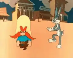 Bugs Bunny and Yosemite Sam in a western town