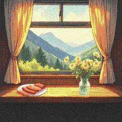 pixel art window mountains