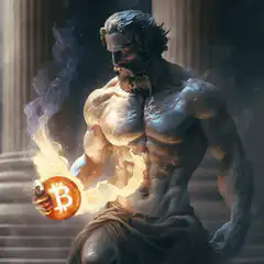 Statue holding burning bitcoin