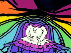White dove flying through rainbow tunnel