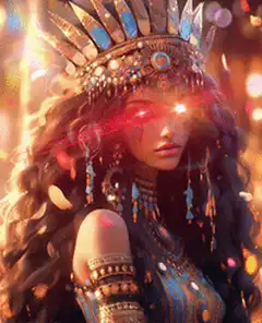 Woman with glowing red eyes and lightning