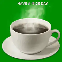 Steaming coffee cup with text