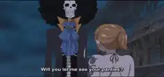 Nami kicks Brook in the face