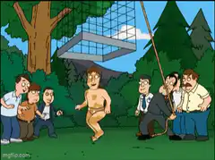 Naked man running away from group