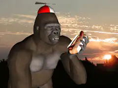 gorilla with propeller hat holding hot dog