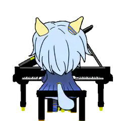Blue-haired demon girl playing piano