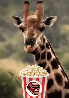 Giraffe looking at pixel art popcorn