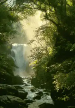 sunlit waterfall in forest