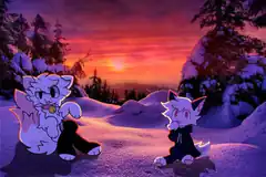 two cartoon cats in snowy sunset