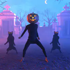 Pumpkin head and black cats dancing in graveyard